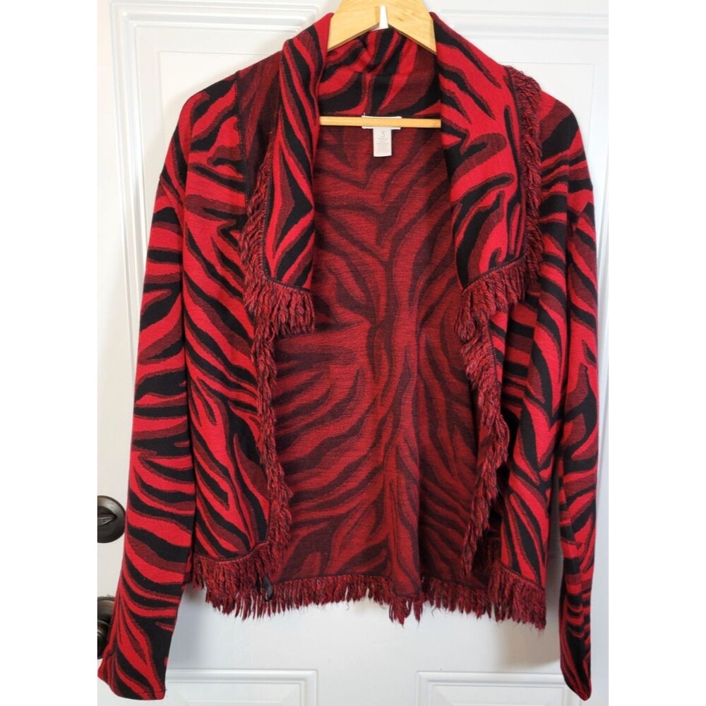 Chico's Wool Blend Zebra Print Cardigan Sweater Size XL Mob Wife Fringe Sopranos